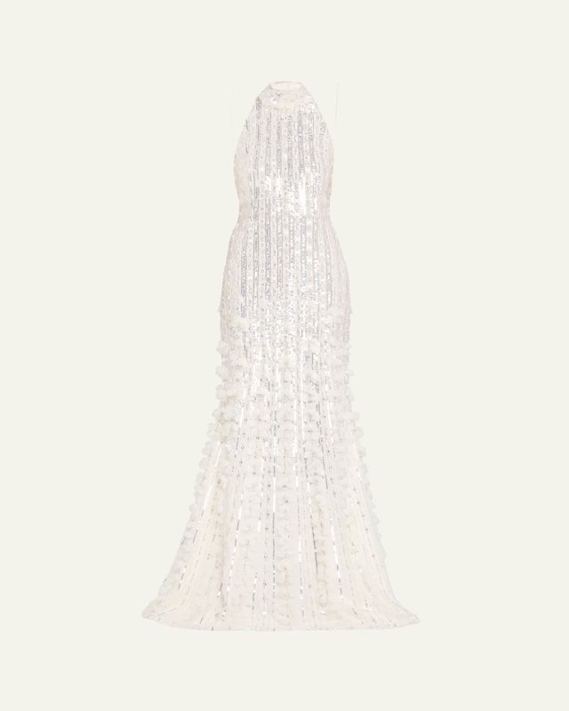 Sequined Tulle Petal Halter Gown
